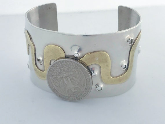 Artisan Made Sterling Silver Brass Brutalist Cuff… - image 5