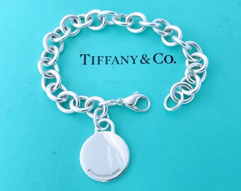 Tiffany & Co 925 Sterling Silver Round Circle Charm Bracelet, Tiffany And Company Blank Disc Cable Round Chain Link Bracelet Engravable Tag