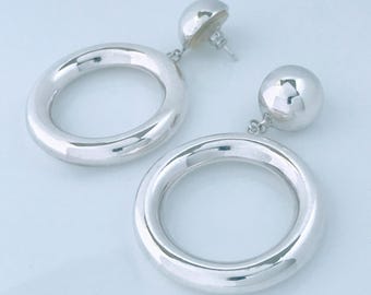 Retro Large Modern Round Half Bead Post Stud Pierced Earrings Sterling Silver, Big Sculptural Open Circle Domed Studs Smooth High Polished