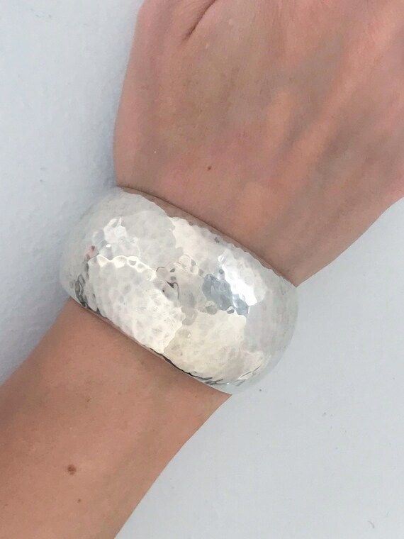 Vintage Mexico Hammered Sterling Silver Domed Cuff Bracelet, Wide 