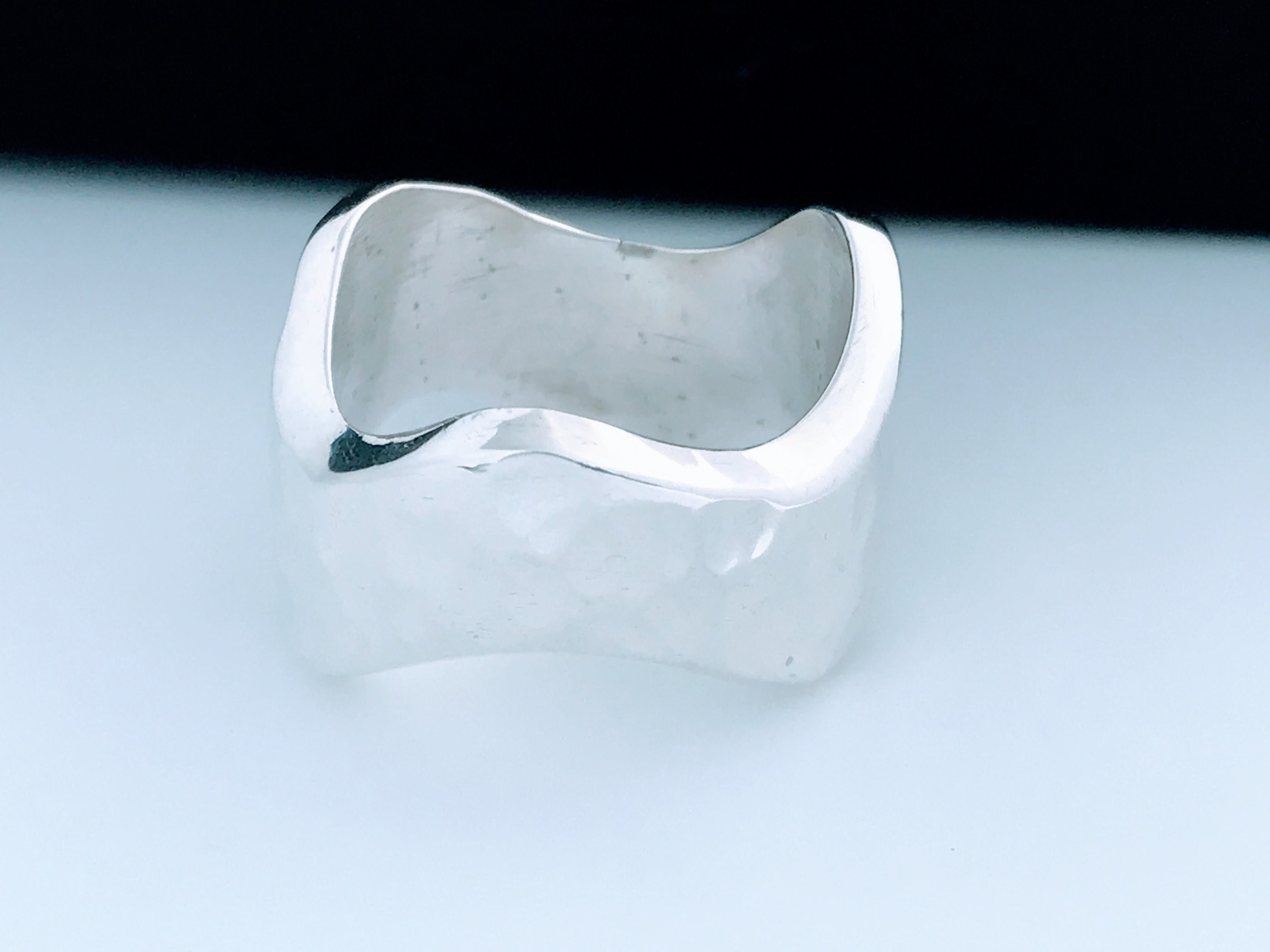 Retro Bold Modern Sterling Silver Hammered Wave Band Ring