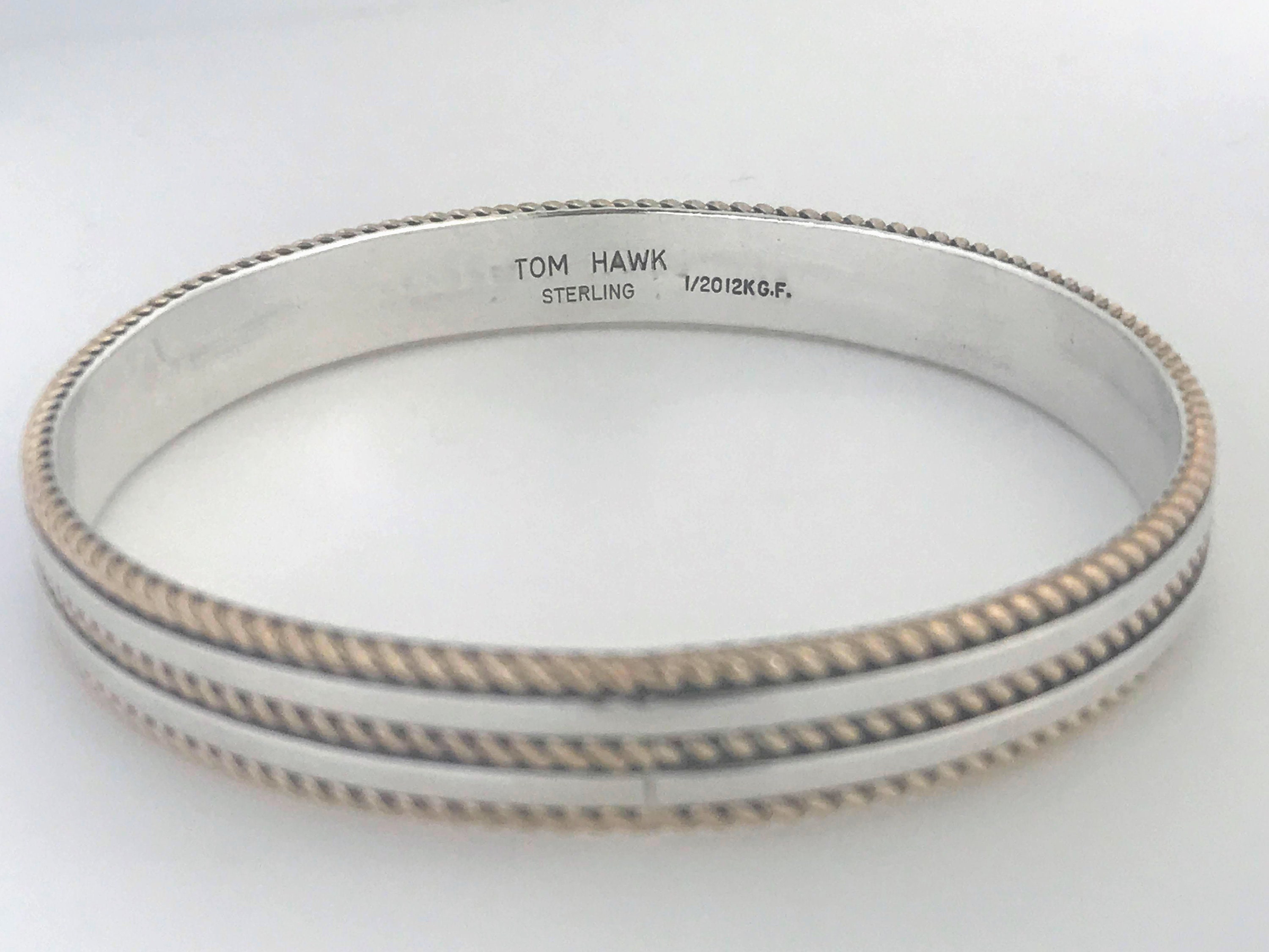 Vintage Navajo Artisan Tom Hawk Sterling Silver Gold Bangle Vintage Navajo Artisan Tom Hawk Sterling Silver Gold Bangle