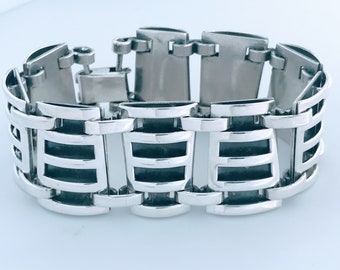 VTG Modernist Sterling Silver Enamel Panel Link Bracelet, Retro Wide Sculptural Cut Out Link 925 Silver Bracelet, Big Contemporary Segmented