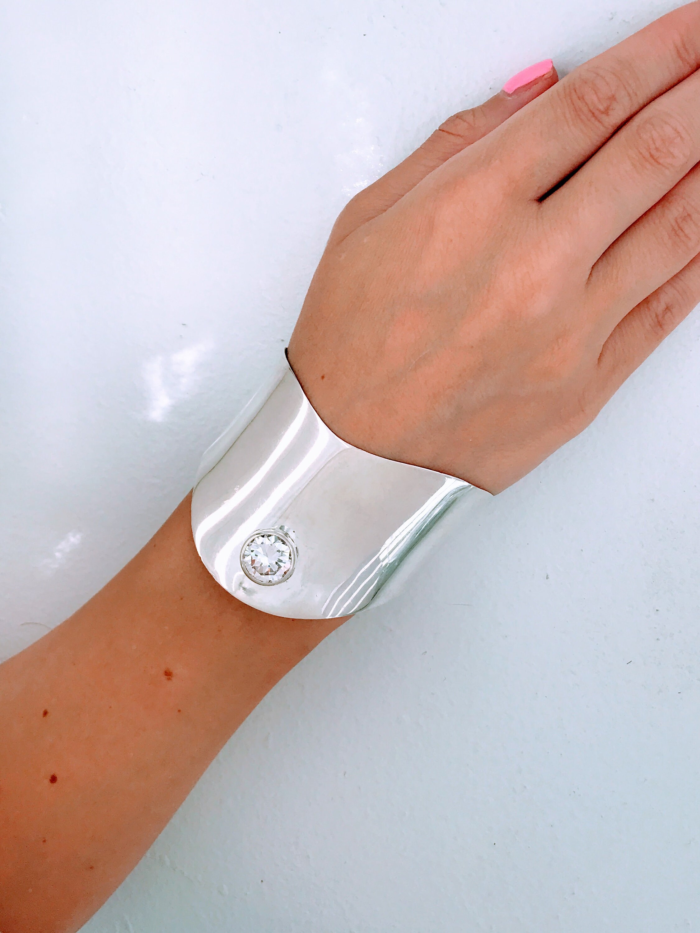 ヴィンテージ！Silver Wavy Curve ブレスレット VTG Kabana Modern Polished Sterling Silver CZ Crystal Wave