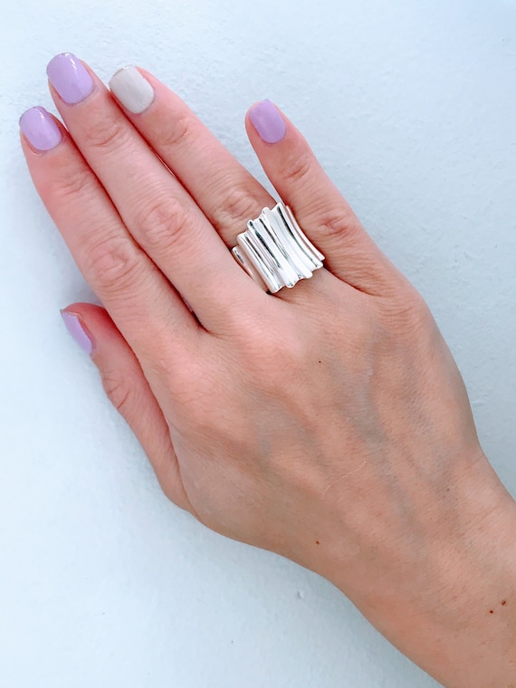 Sterling Silver Ribbed Fluted Concave Dome Ring C… - image 1