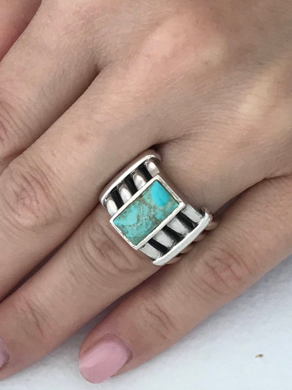 VTG Heavy Wide Sterling Silver Turquoise Ring Ban… - image 2