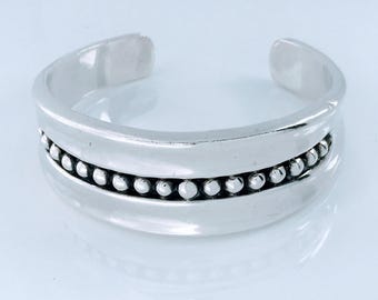 Vintage Taxco Sculptural Half Bead Row Cuff Bracelet Sterling Silver, Retro Dotted Dot Oxidized Ball Bead Channel Accent Concave Dome Cuff