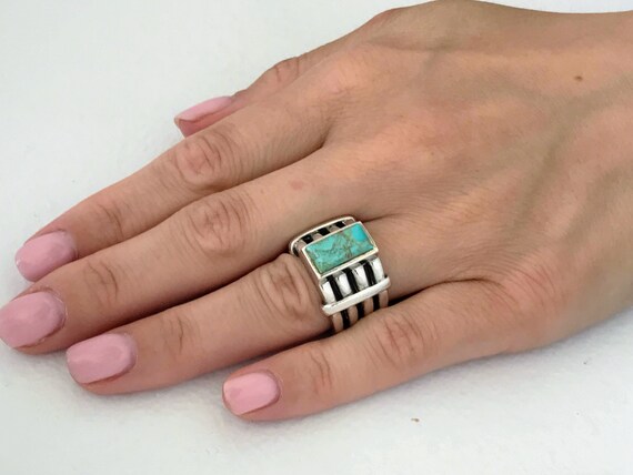 VTG Heavy Wide Sterling Silver Turquoise Ring Ban… - image 3