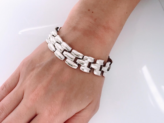 Vintage Mexico Chunky Brick Gate Chain Link Bracelet, Retro Bold 925 Silver Sculptural Rectangular Panther Link Mid Century Modernist Design
