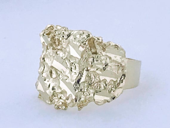 Retro 10k Yellow Gold Nugget Ring Band, Big Wide … - image 1