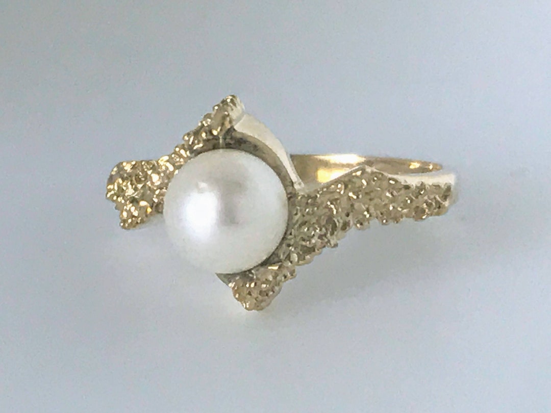 Vtg Modernist 10K Yellow Gold Pearl Solitaire Ring Abstract - Etsy