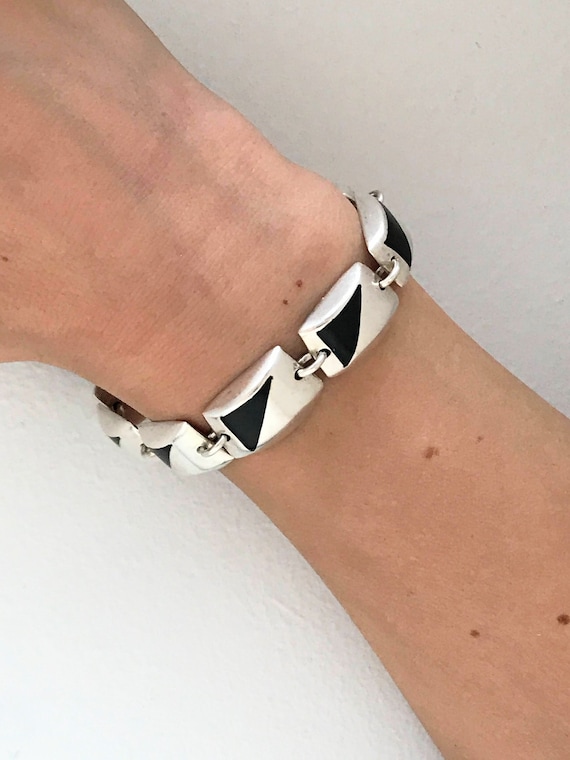 Vintage Taxco Mexico Sterling Silver Onyx Inlay Bracelet, Retro 
