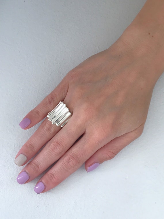 Sterling Silver Ribbed Fluted Concave Dome Ring C… - image 2