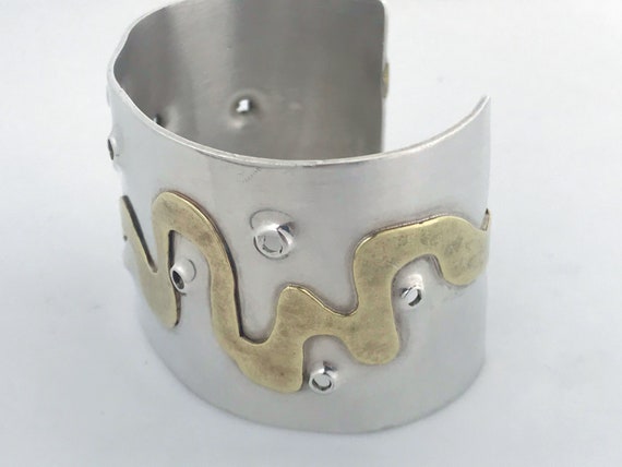 Artisan Made Sterling Silver Brass Brutalist Cuff… - image 7