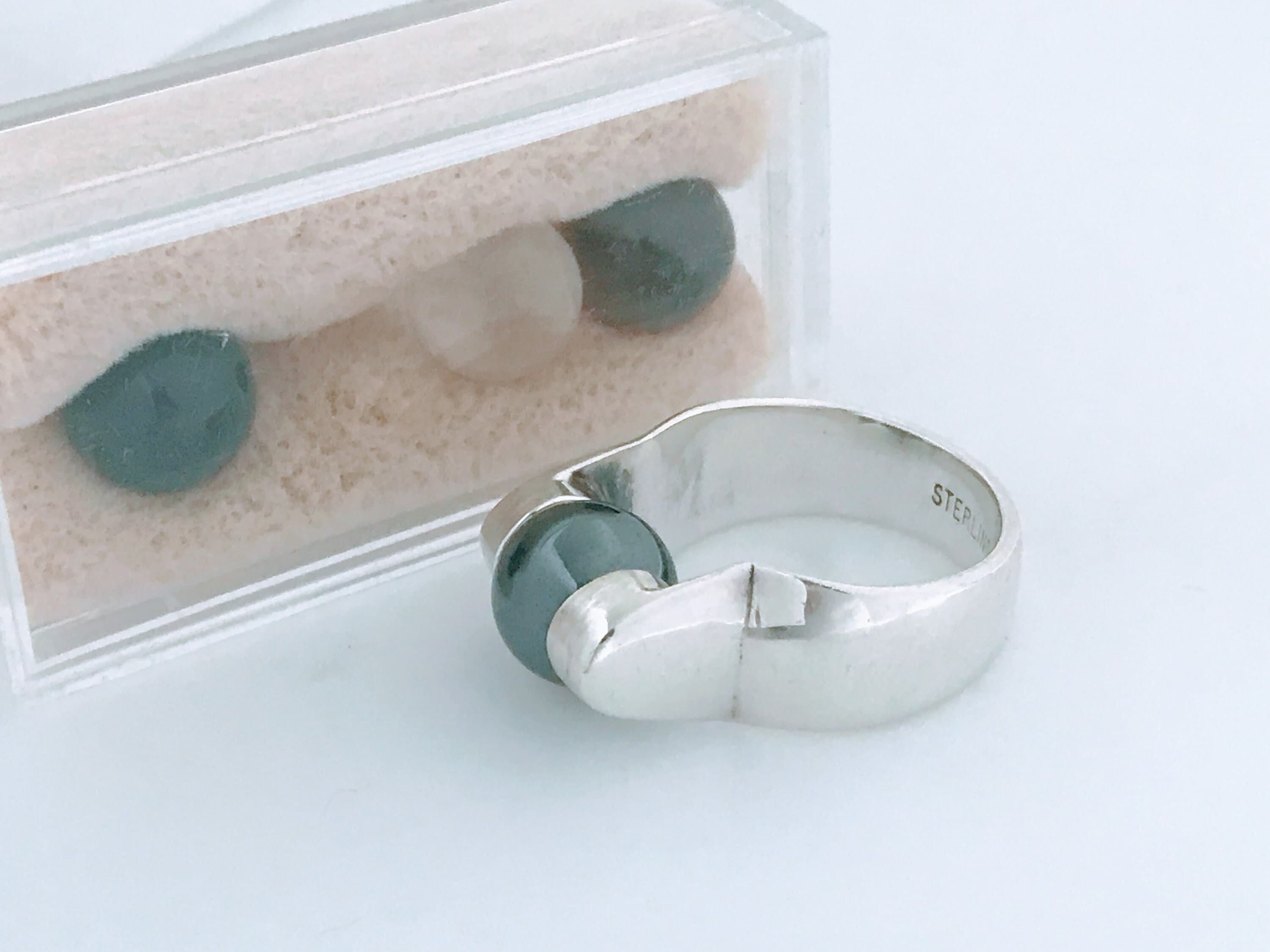 Retro Sterling Silver Interchangeable Ball Stone Sphere Ring, Contemporary 925 Silver Switchable Black Brown Clear Stone Ring, Modernist Orb