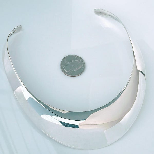 Taxco Extra Wide Elongated Choker Necklace 925 Sterling Silver, Modernist Mexico Chunky Polished Solid Heavy Oval Torque Collar Neck Cuff