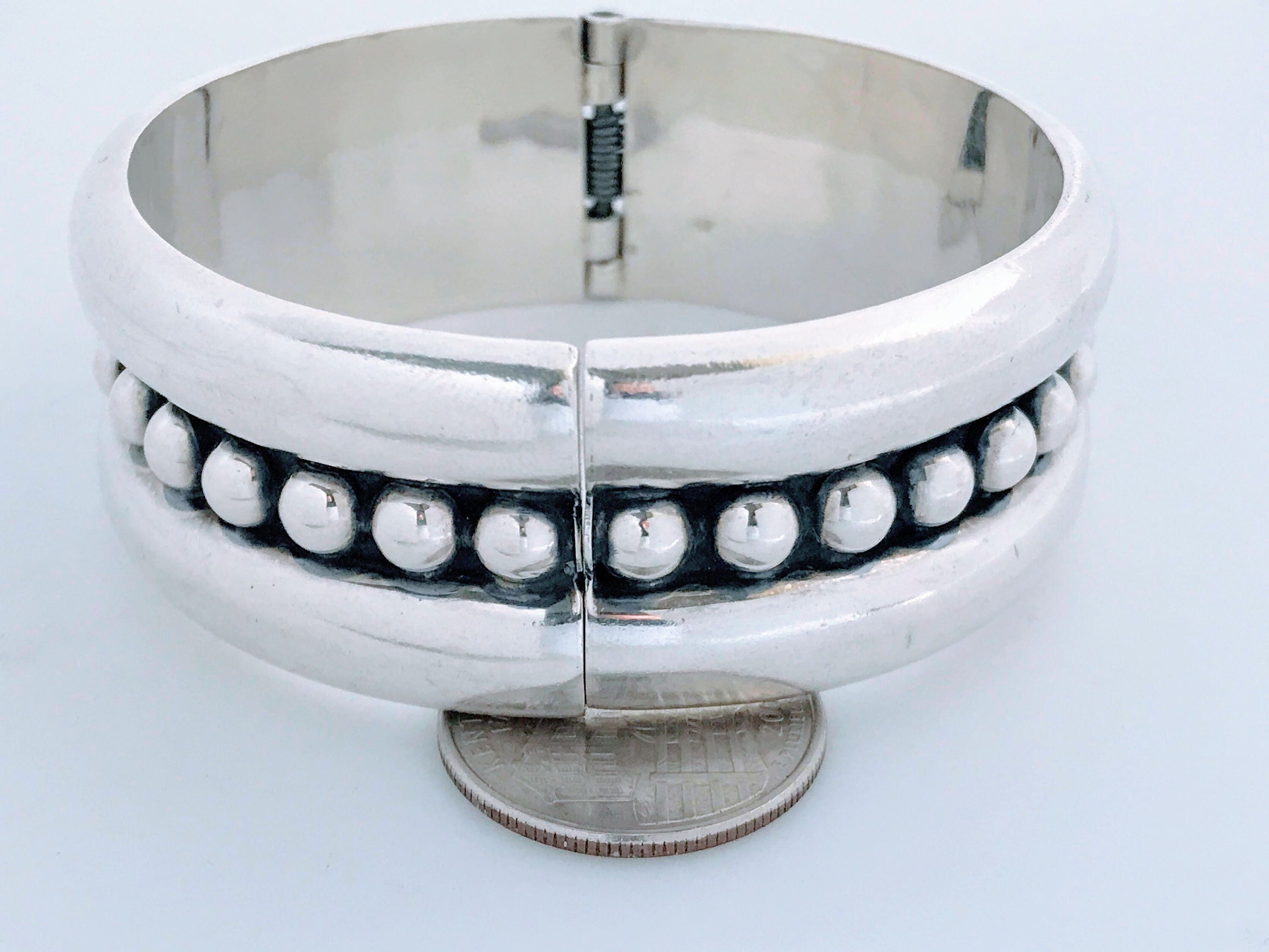 VTG Taxco Modernist Half Bead Sterling Silver Bangle Bracelet Cuff
