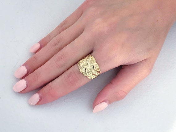 Retro 10k Yellow Gold Nugget Ring Band, Big Wide … - image 2