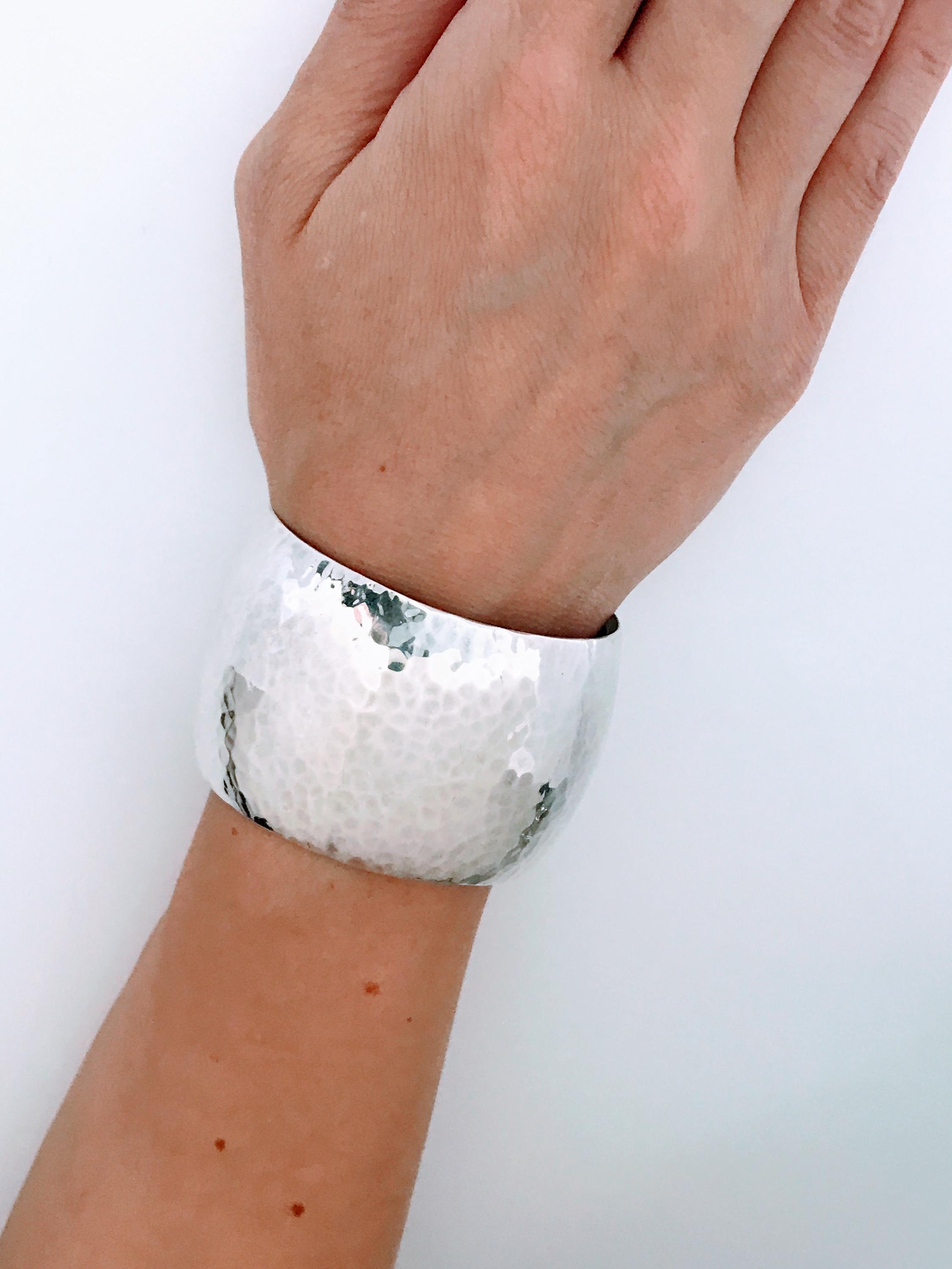 Vintage Extra Wide Hammered Domed Sterling Silver Cuff Bracelet