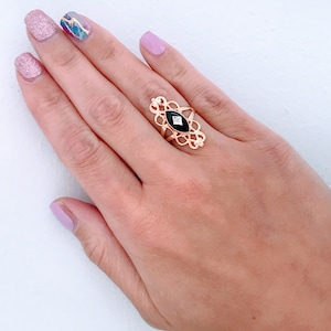 Retro 10K Yellow Gold Black Onyx Diamond Ring, Ornate  10k Gold Black Stone Ring Band, Long Open Work Scroll Filigree Gold Ring Oval Cut