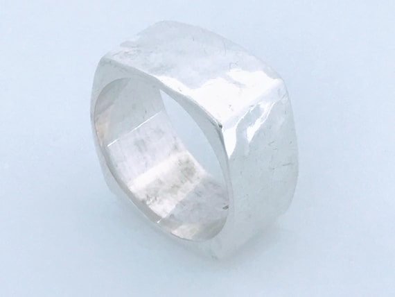 Chunky Modernist Sterling Silver Square Band Ring, Wide Hammered