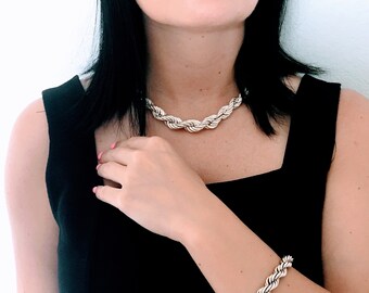 Oversized Sterling Silver Graduated Rope Chain Necklace, Thick Heavy Modernist 925 Silver Gradual French Braid Necklace, Big Woven Silver