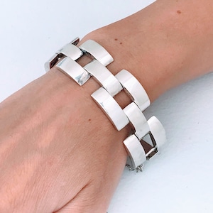 Vintage Modernist Sterling Silver Gate Brick Link Bracelet, Big Bold 925 Silver Sculptural Chain Link Bracelet, Big Heavy Panther Brick Lin