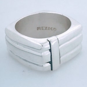 Vintage Mexico Modernist Chunky Square Sterling Silver Band Ring, Retro Square Fluted 925 Silver Ring, Wide Thick Geometric Silver Ring Band