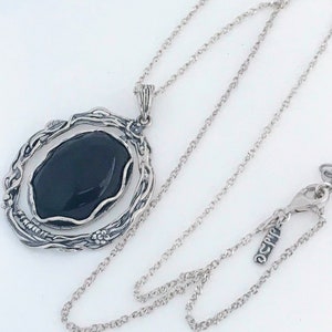 Shablool Didae Israel Sterling Silver Onyx Reversible Scroll Pendant Necklace, Didae 925 Silver Black Stone Oval Floral Scroll Necklace