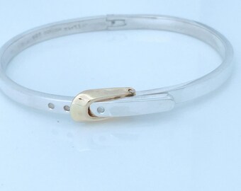 Vintage Taxco Mexico 925 Sterling Silver Belt Bangle, Retro Adjustable Belt Style Bracelet Bangle, Modernist Hinged Belt Buckle Bangle