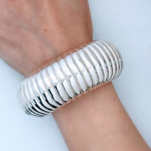 Modernist Simon Sebbag SSD Sterling Silver Cuff Bracelet, Thick Wide Fluted Ribbed 925 Silver Cuff, Big Chunky Heavy Domed Convex Minimalist