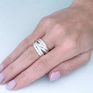 Vintage ATI Mexico Sterling Silver Modern Multi Band Ring, Retro Modernist Wide 925 Silver Puzzle Ring, Chunky Rolling Interlocking Fidget