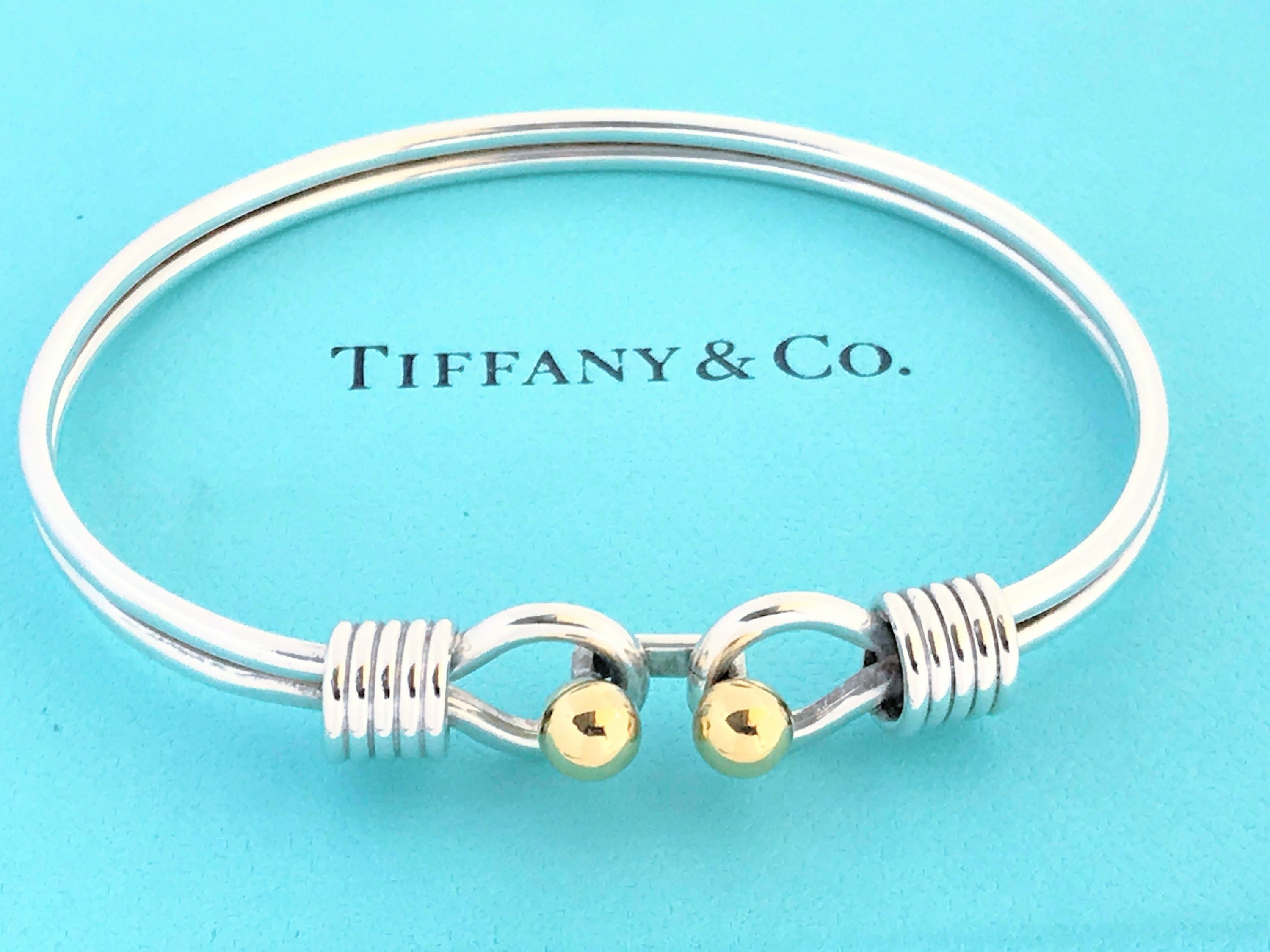 Tiffany & Co. Sterling Silver 18K Yellow Gold Double Hook Eye Bangle  Bracelet With Box, Tiffany Co 925 Silver 750 Gold Double Loop Bangle 