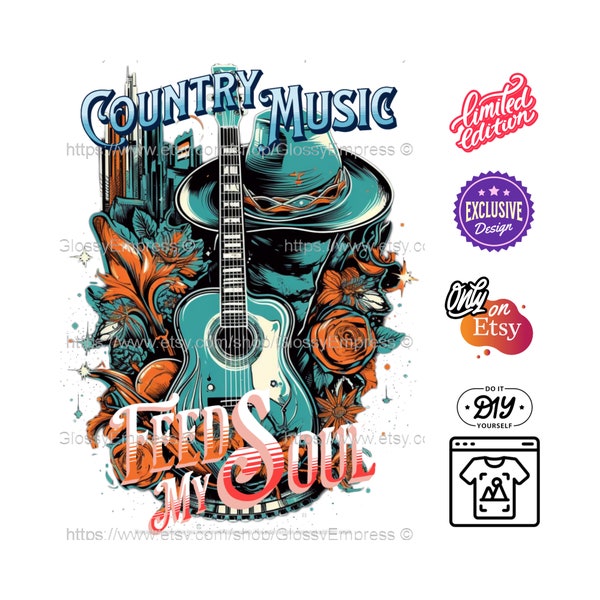 Country Music Feeds My Soul Graphic Tee Illustration: HQ Tranparent PNG Image For DIY Sublimation & Printing. Etsy Exclusive Design