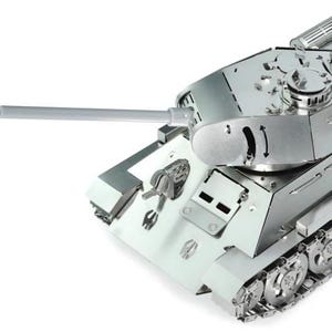 May include: A silver metal model of a tank with detailed features, including tracks, a turret, and a cannon. The model is made of metal and has a realistic appearance.