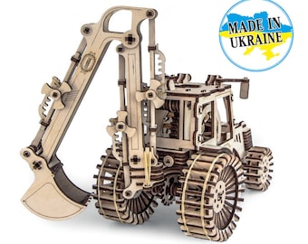Mechanical Movable Wooden 3D Miko Puzzle Excavator Digger Constructor Set Gift Idea made in Ukraine