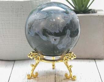 Large Moss Agate Sphere, Natural 60mm Green Blue Chalcedony Sugar Druzy Crystal Stone #HMAS208