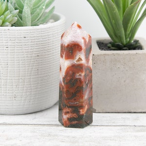 Carnelian Moss Agate Point Tower, Red Agate Green Moss Sugar Druzy Crystal Stone #MACT215