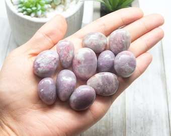 May include: A collection of ten smooth, polished lepidolite stones in shades of purple and pink. The stones are arranged in a hand, showcasing their natural beauty and unique patterns.