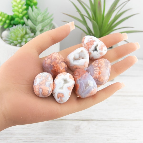 Pink Agate Tumble Stone, Natural Sugar Druzy Plume Apricot Agate Polished Tumbles, Pocket Size Lace Peach Cotton Candy Crystal