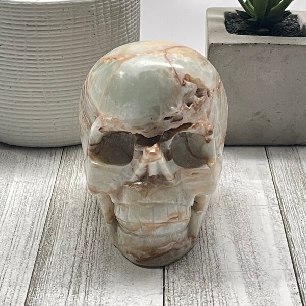 Large Caribbean Calcite Skull Carving, Natural Polished Crystal Carving - Carved Skeleton Rock Stone #CSC1