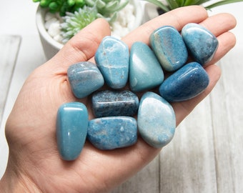 May include: A collection of ten tumbled blue apatite stones in various shades of blue, ranging from light to dark blue. The stones are smooth and polished, and they are arranged in a hand.