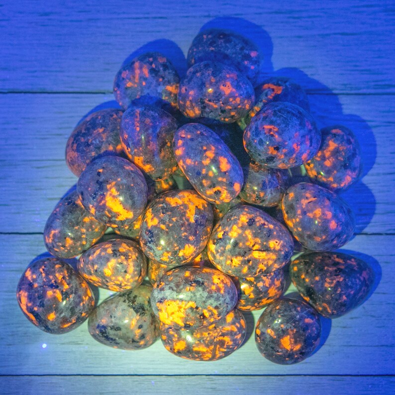 Yooperlite Tumble Stone, Natural UV Fluorescent Sodalite Polished Tumbles, Large Palm Pocket Size Emberlite Glowing Fire Rock Stone Crystal image 2