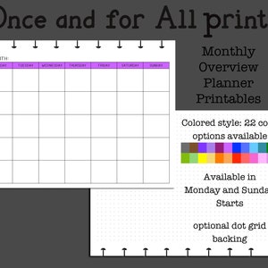 Monthly Overview Landscape color planner insert PDF Month at a Glance fits Classic Happy Planner Discbound Disc Planners Digital Printable