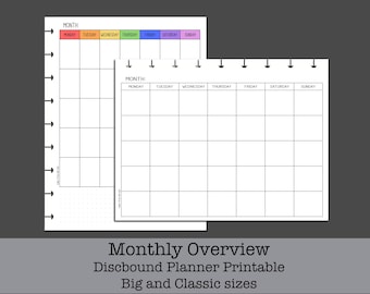Monthly Overview Planner Inserts Printable PDF for Classic and Big Discbound Planners Portrait and Landscape Digital Printable