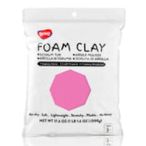 May include: A pink package of foam clay for crafting. The package says "Foam Clay" and has a pink octagon shape on the front.
