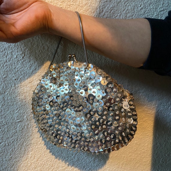 Silver Sequin Beaded Handbag - image 6