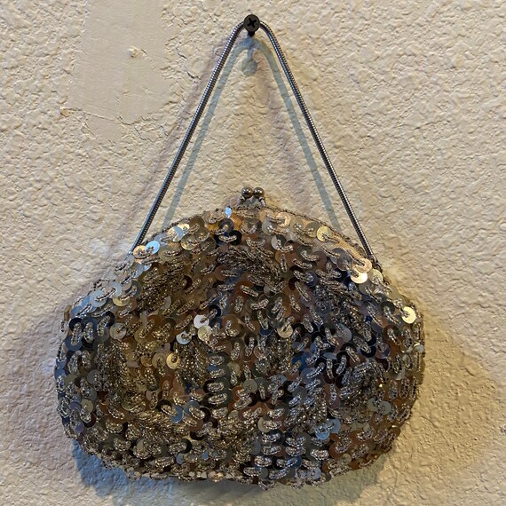 Silver Sequin Beaded Handbag - image 1