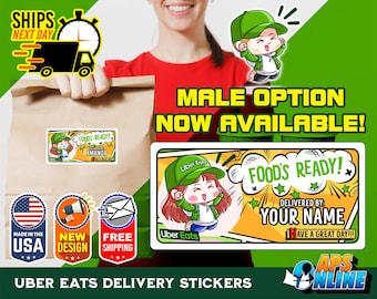 May include: A set of customizable Uber Eats delivery stickers featuring a cartoon character in a green hat and a yellow and red comic book style background. The text on the sticker reads "Food's Ready! Delivered by: Your Name Have a Great Day!!!".