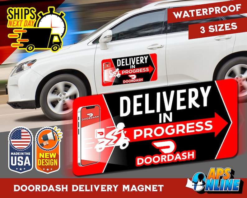 Może przedstawiać: Prostokątny magnes dostawczy DoorDash na pojazdy z czarno-czerwonym tłem, białą ikoną smartfona, grafiką skutera oraz napisem DELIVERY IN PROGRESS. Projekt zawiera logo DoorDash i jest wodoodporny.
